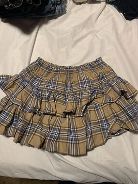 No Boundaries Beige and Light Blue Plaid Ruffle Skirt